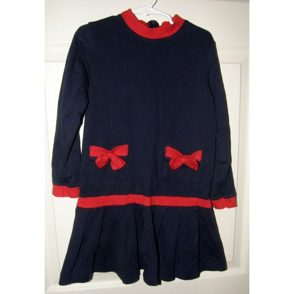 Girls Sz 7/8 Navy Blue Stretchy Knee Length Long Sleeve Dress FLORENCE EISEMAN